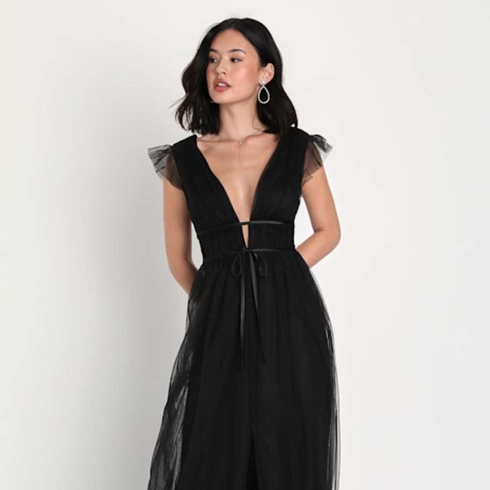 Lulus I'm All Yours Black Tulle Ruffled Maxi Dress - Size L
